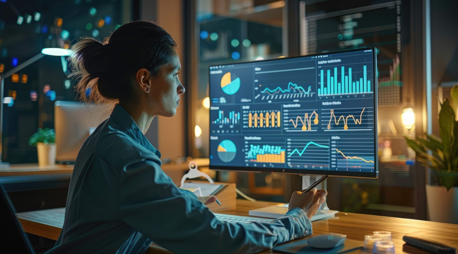 A businesswoman is using her computer to write on the screen, with icons and graphs floating around it.